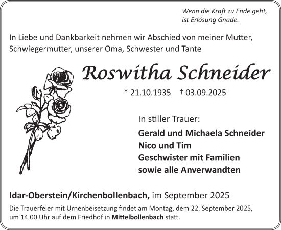 Traueranzeige von Roswitha Schneider von WochenSpiegel
