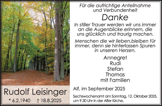 Traueranzeige von Rudolf Leisinger von WochenSpiegel