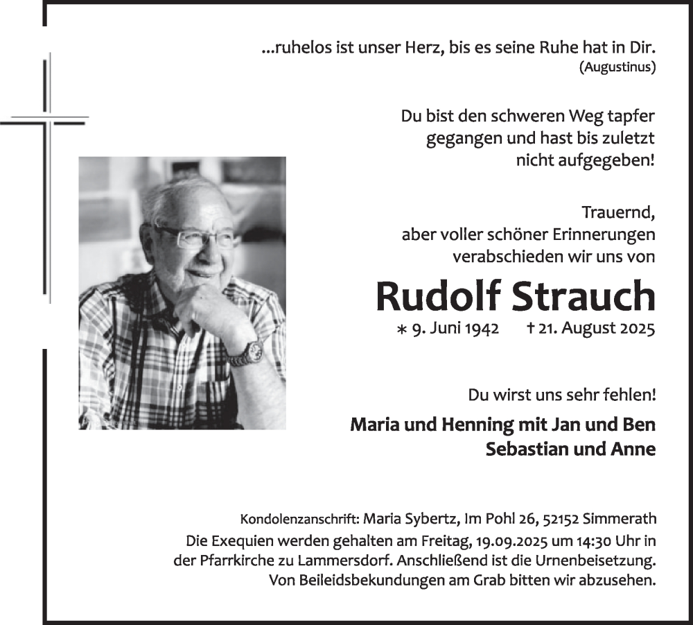  Traueranzeige für Rudolf Strauch vom 10.09.2025 aus WochenSpiegel
