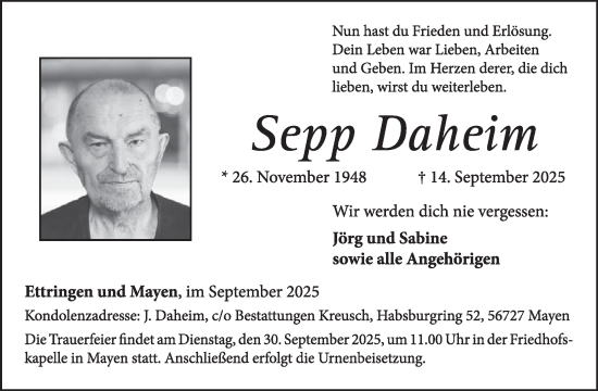 Traueranzeige von Sepp Daheim von WochenSpiegel