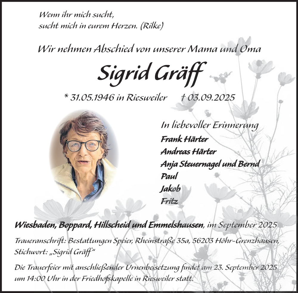  Traueranzeige für Sigrid Gräff vom 20.09.2025 aus WochenSpiegel