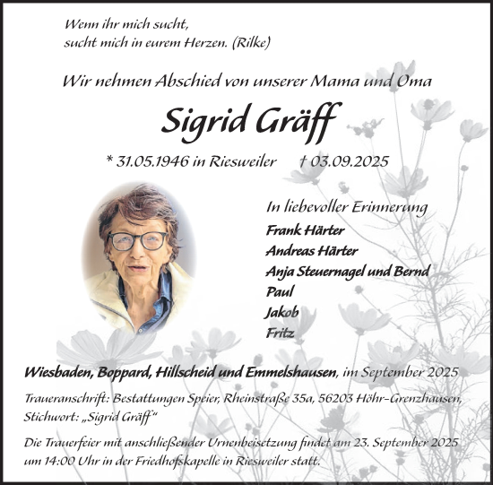 Traueranzeige von Sigrid Gräff von WochenSpiegel