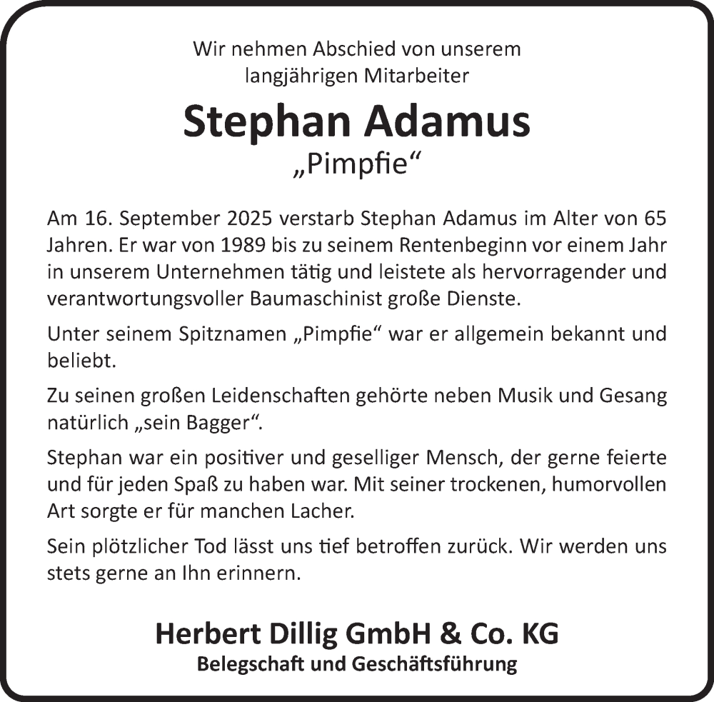  Traueranzeige für Stephan Adamus vom 27.09.2025 aus WochenSpiegel