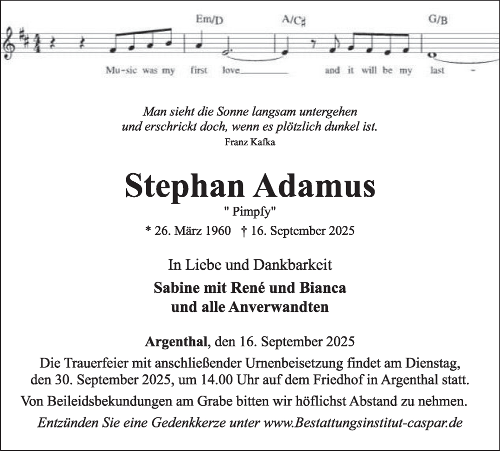  Traueranzeige für Stephan Adamus vom 27.09.2025 aus WochenSpiegel