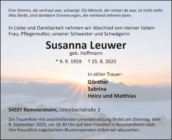 Traueranzeige von Susanna Leuwer von WochenSpiegel
