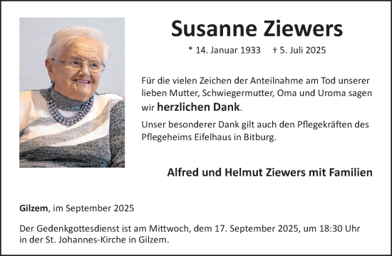Traueranzeige von Susanne Ziewers von WochenSpiegel