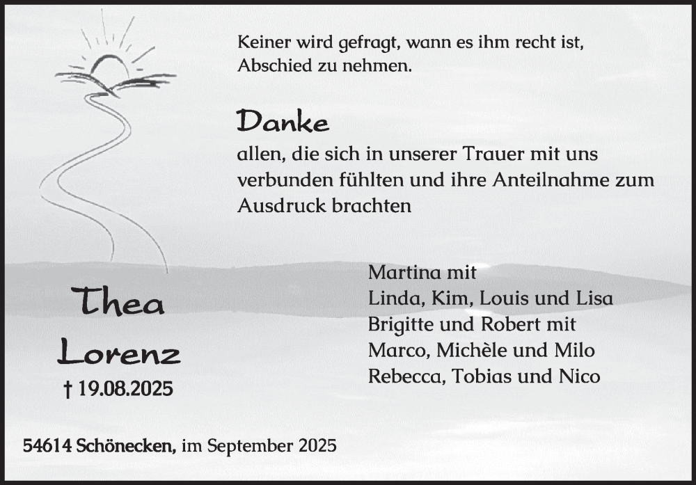  Traueranzeige für Thea Lorenz vom 19.09.2025 aus WochenSpiegel