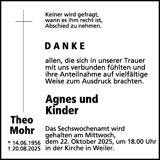 Traueranzeige von Theo Mohr von WochenSpiegel