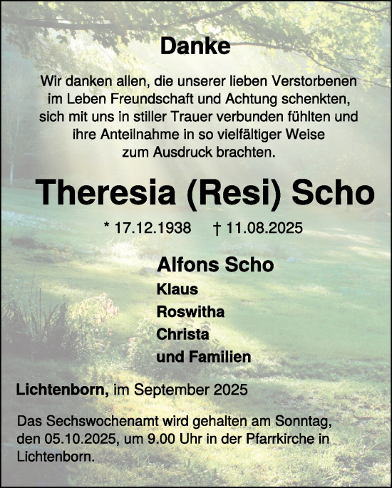 Traueranzeige von Theresia Scho von WochenSpiegel