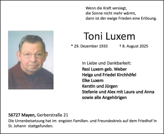 Traueranzeige von Toni Luxem von WochenSpiegel