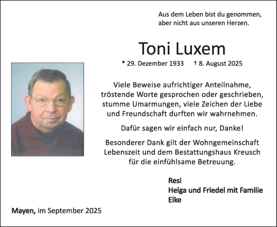 Traueranzeige von Toni Luxem von WochenSpiegel