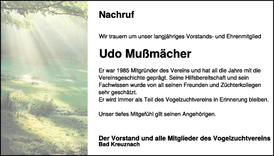 Traueranzeige von Udo Mußmächer von WochenSpiegel