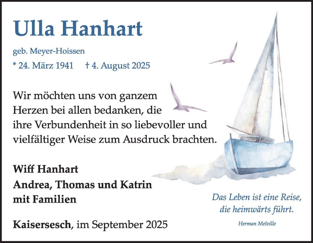  Traueranzeige für Ulla Hanhart vom 17.09.2025 aus WochenSpiegel