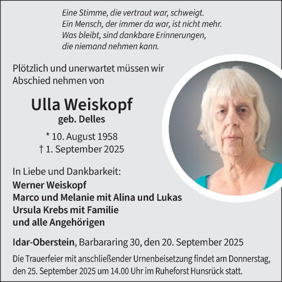Traueranzeige von Ulla Weiskopf von WochenSpiegel