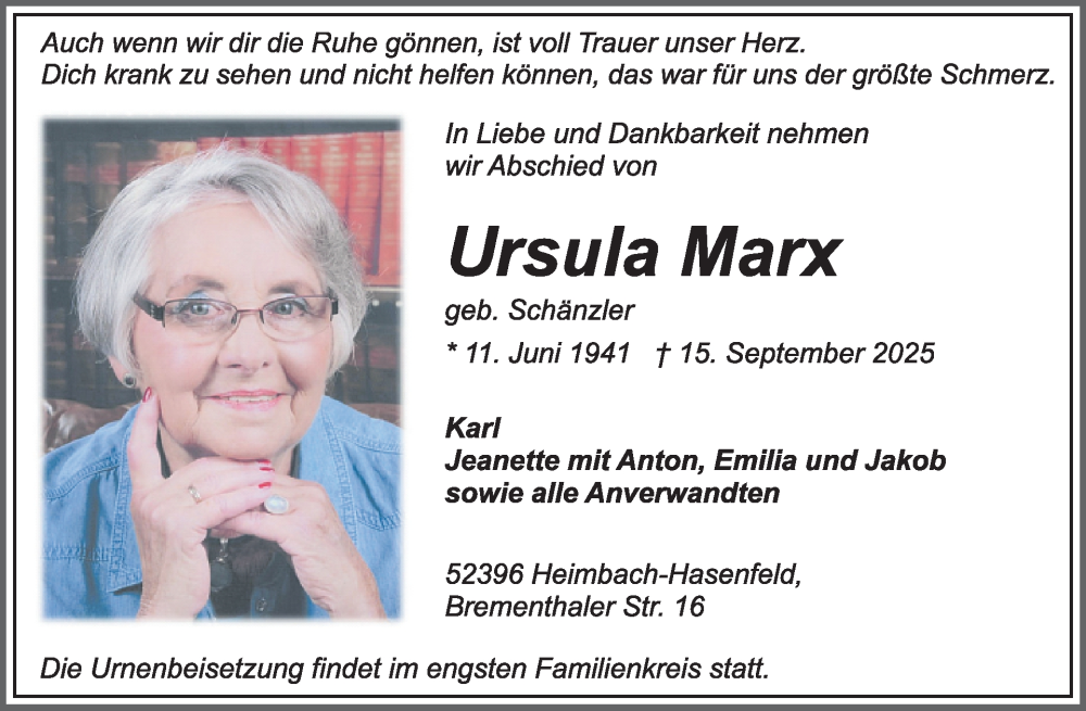  Traueranzeige für Ursula Marx vom 24.09.2025 aus WochenSpiegel