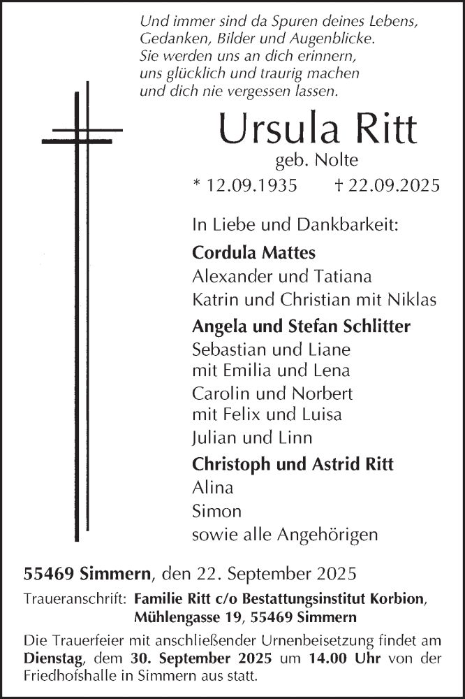 Traueranzeige für Ursula Ritt vom 27.09.2025 aus WochenSpiegel