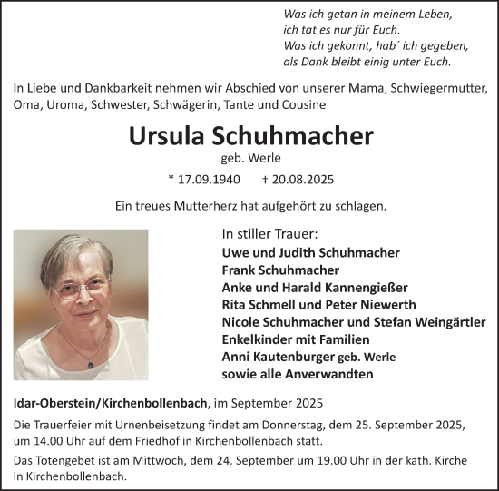 Traueranzeige von Ursula Schuhmacher von WochenSpiegel