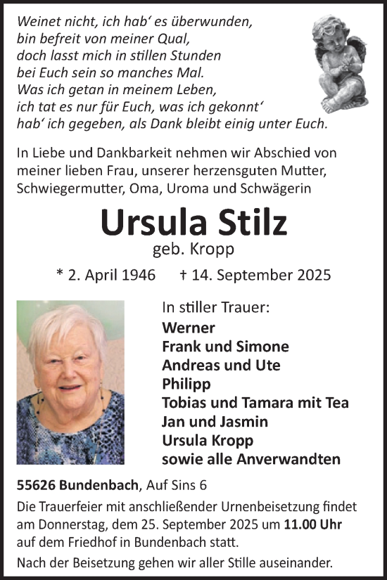 Traueranzeige von Ursula Stilz von WochenSpiegel