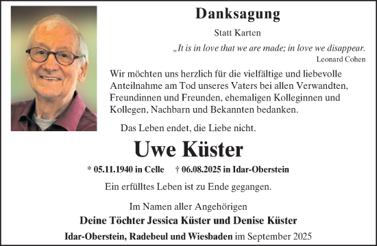 Traueranzeige von Uwe Küster von WochenSpiegel