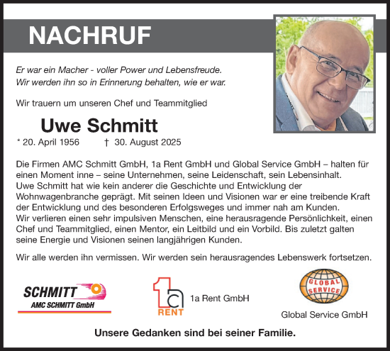 Traueranzeige von Uwe Schmitt von WochenSpiegel