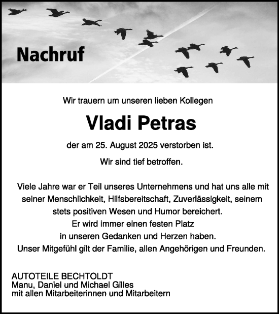 Traueranzeige von Vladi Petras von WochenSpiegel