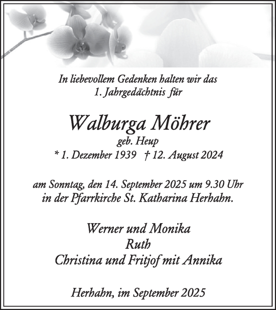 Traueranzeige von Walburga Möhrer von WochenSpiegel