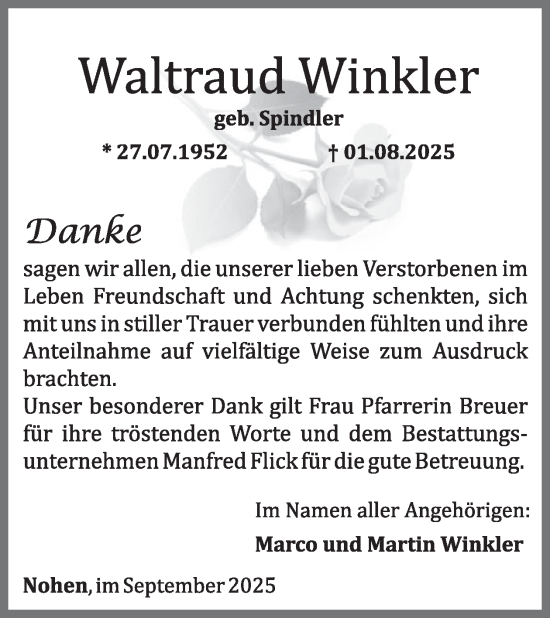 Traueranzeige von Waltraud Winkler von WochenSpiegel