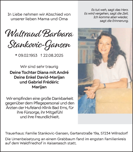 Traueranzeige von Weltraud Barbara Stankovic-Gansen von WochenSpiegel