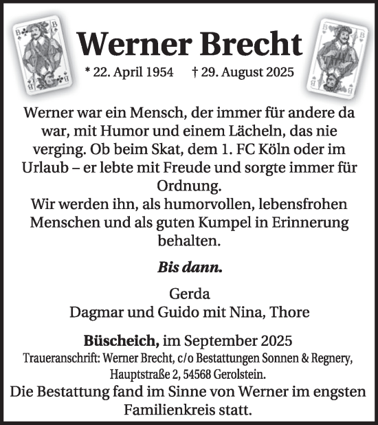 Traueranzeige von Werner Brecht von WochenSpiegel