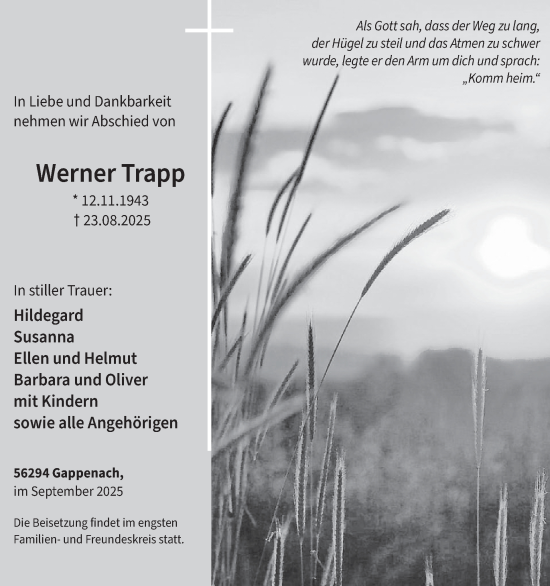 Traueranzeige von Werner Trapp von WochenSpiegel