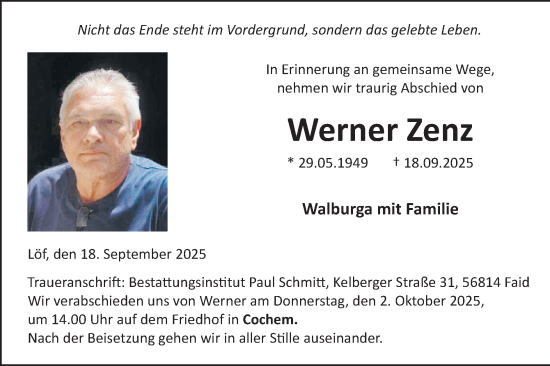 Traueranzeige von Werner Zenz von WochenSpiegel
