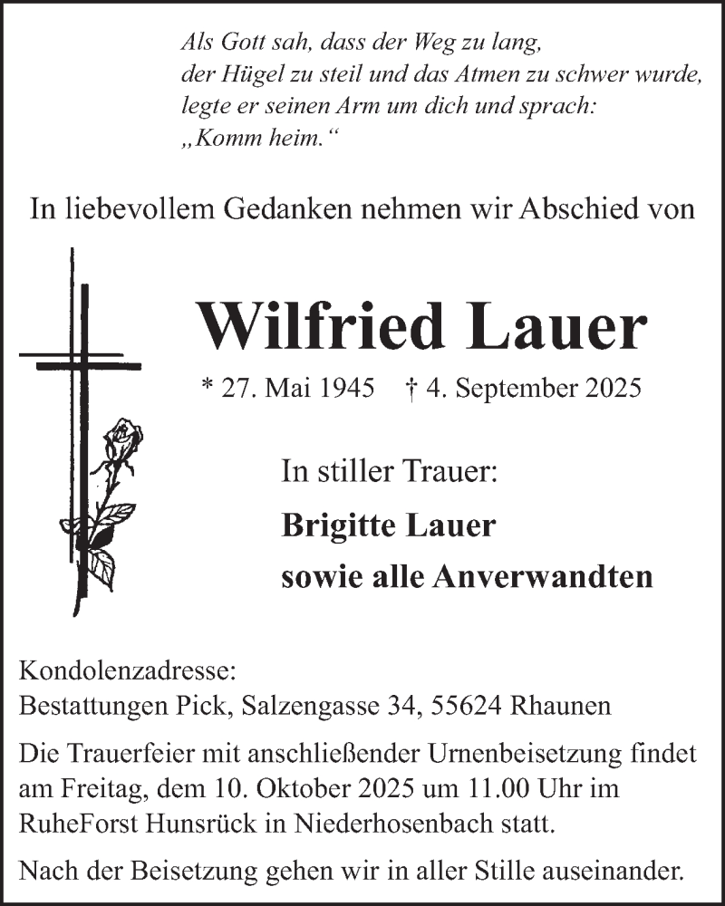  Traueranzeige für Wilfried Lauer vom 20.09.2025 aus WochenSpiegel
