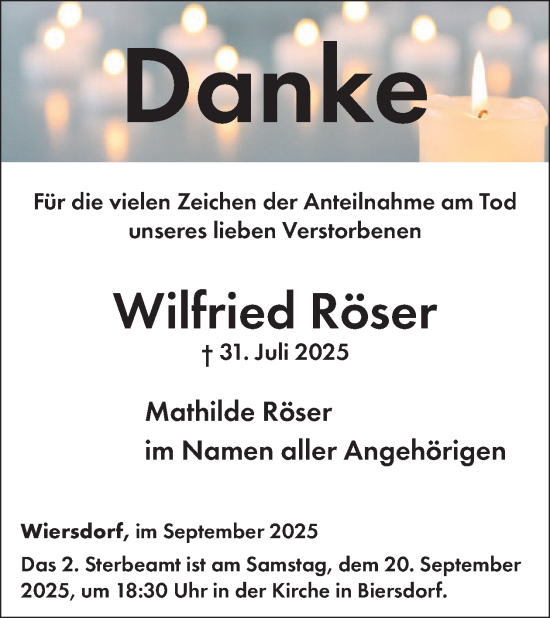 Traueranzeige von Wilfried Röser von WochenSpiegel