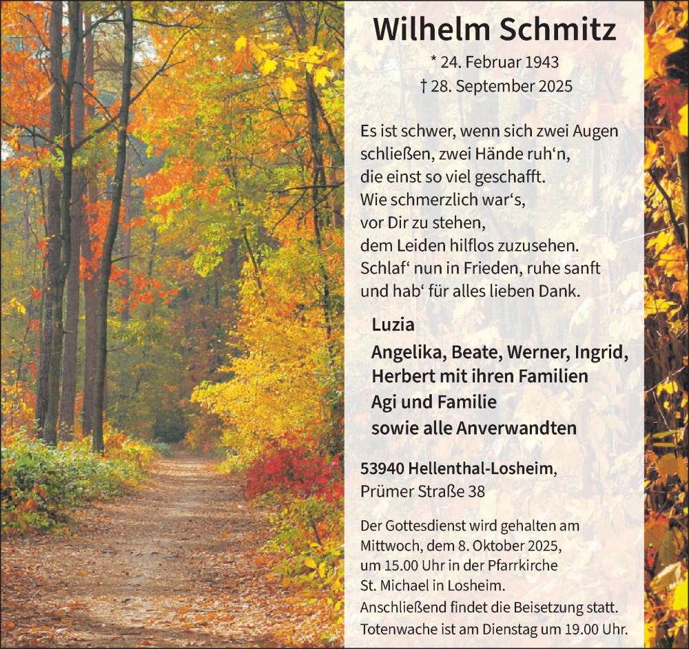  Traueranzeige für Wilhelm Schmitz vom 01.10.2025 aus WochenSpiegel