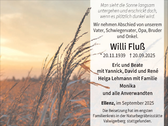 Traueranzeige von Willi Fluß von WochenSpiegel
