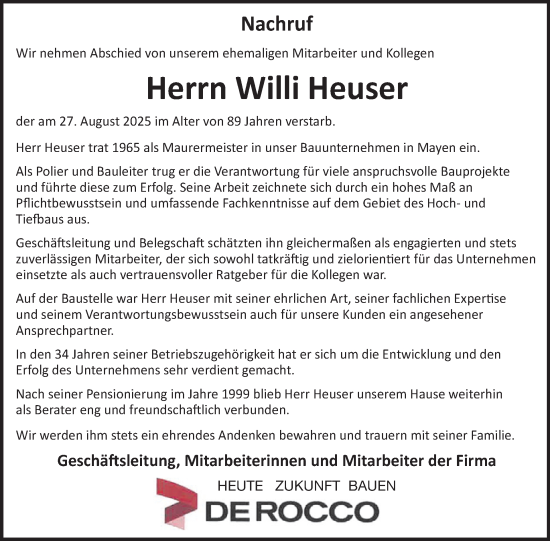 Traueranzeige von Willi Heuser von WochenSpiegel