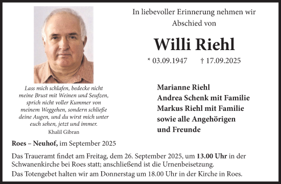 Traueranzeige von Willi Riehl von WochenSpiegel