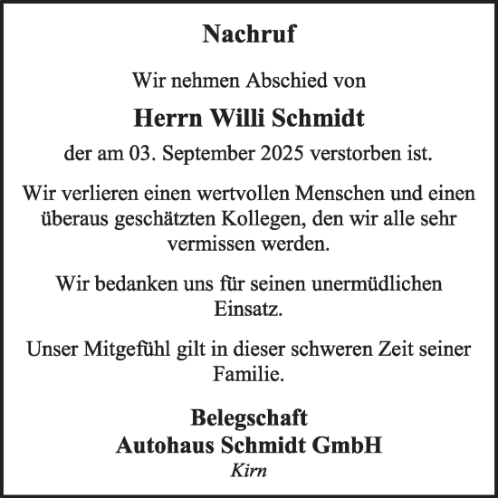 Traueranzeige von Willi Schmidt von WochenSpiegel
