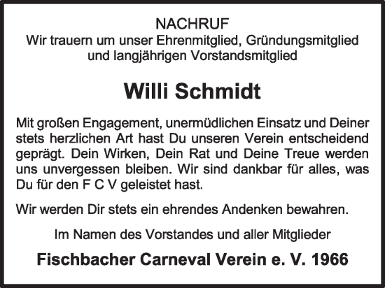 Traueranzeige von Willi Schmidt von WochenSpiegel