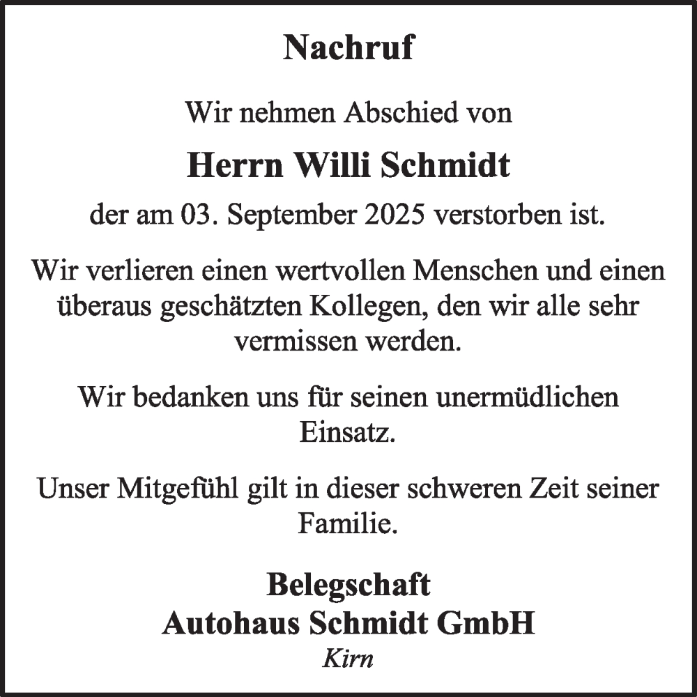  Traueranzeige für Willi Schmidt vom 27.09.2025 aus WochenSpiegel