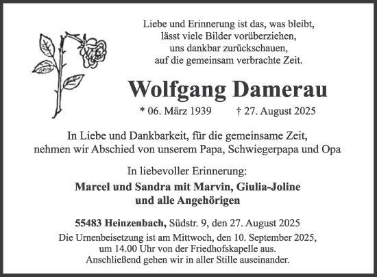 Traueranzeige von Wolfgang Damerau von WochenSpiegel