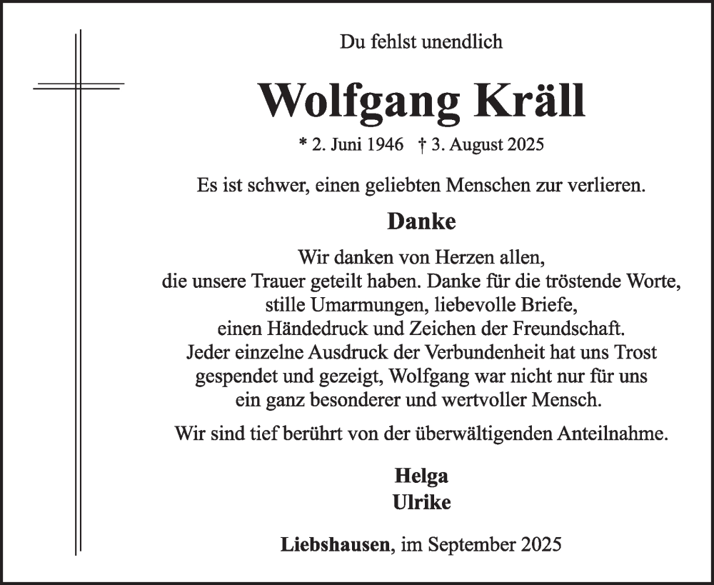  Traueranzeige für Wolfgang Kräll vom 27.09.2025 aus WochenSpiegel