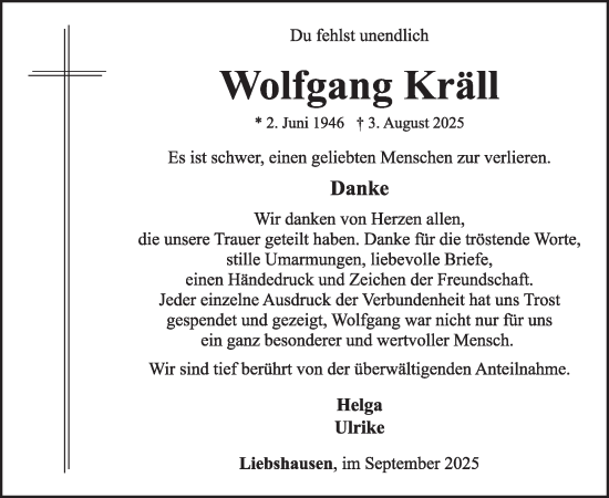 Traueranzeige von Wolfgang Kräll von WochenSpiegel