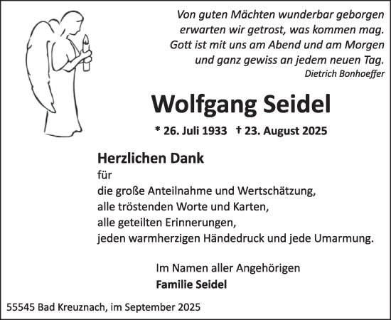 Traueranzeige von Wolfgang Seidel von WochenSpiegel
