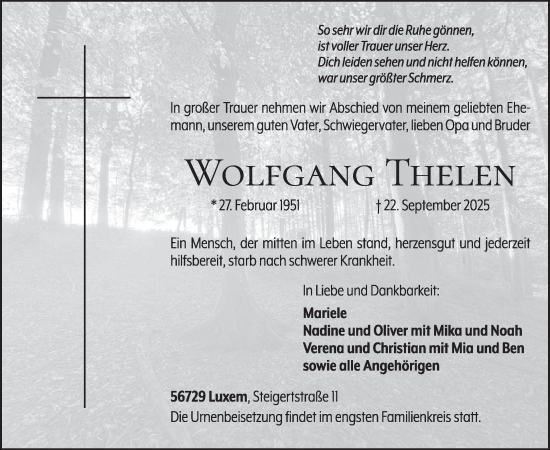Traueranzeige von Wolfgang Thelen von WochenSpiegel
