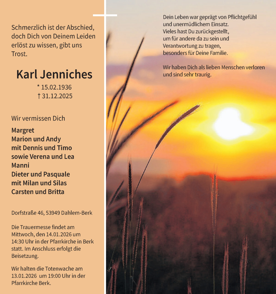  Traueranzeige für Karl Jenniches vom 07.01.2026 aus WochenSpiegel