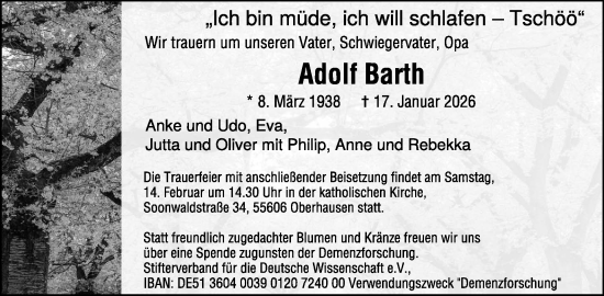 Traueranzeige von Adolf Barth von WochenSpiegel