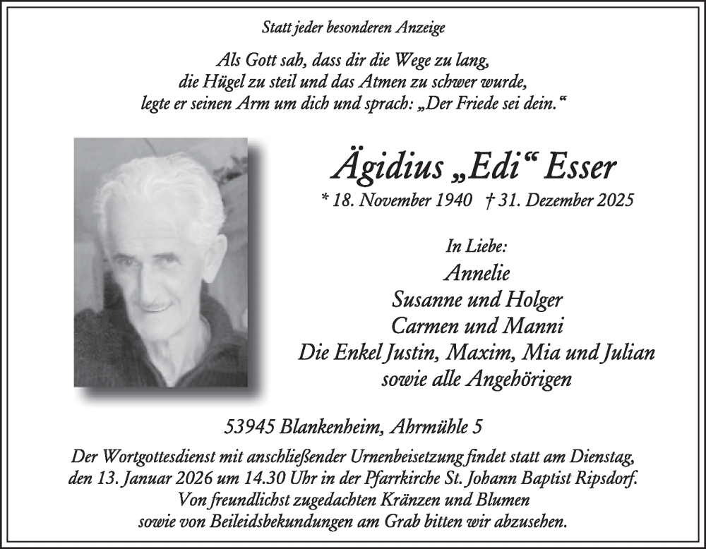  Traueranzeige für Ägidius Esser vom 07.01.2026 aus WochenSpiegel