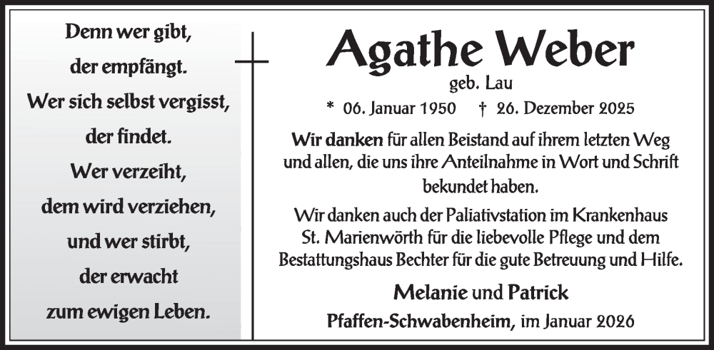  Traueranzeige für Agathe Weber vom 24.01.2026 aus WochenSpiegel
