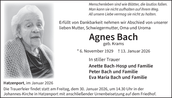 Traueranzeige von Agnes Bach von WochenSpiegel
